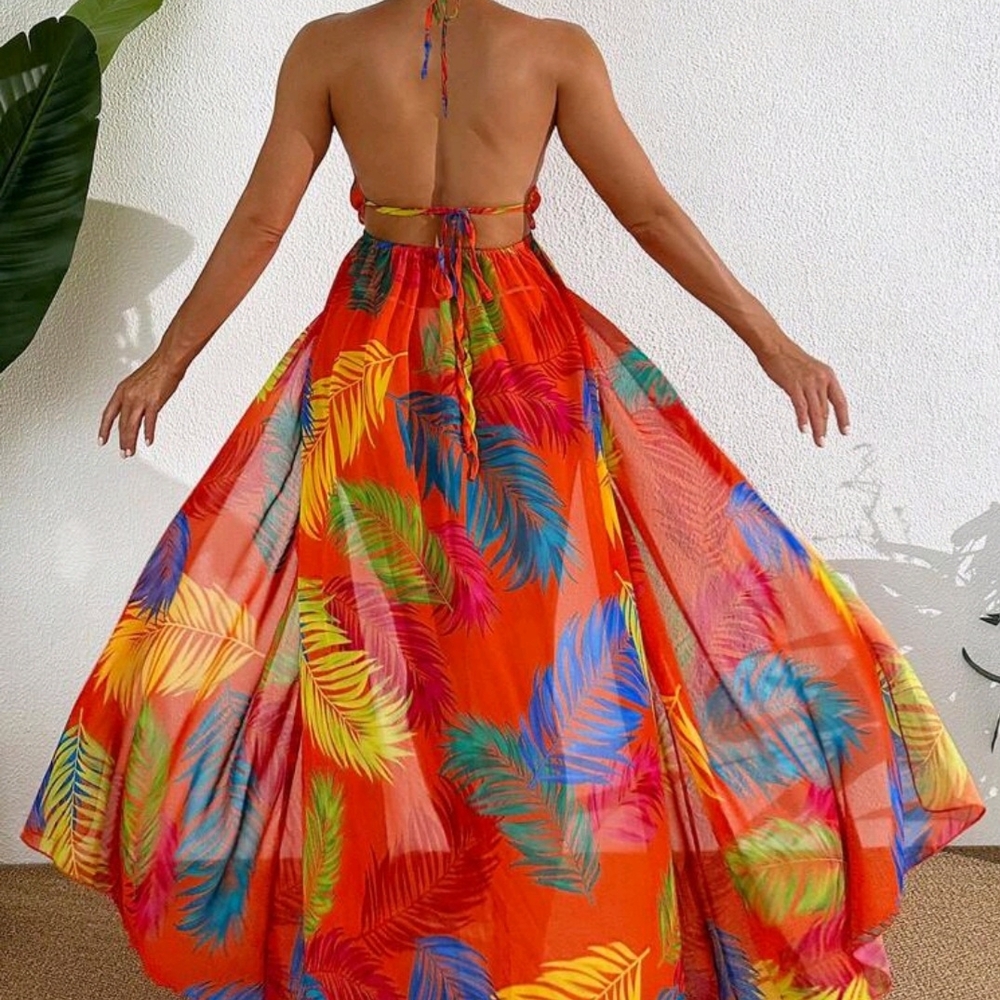 Vibrant Orange Tropical Maxi Swim Coverup
